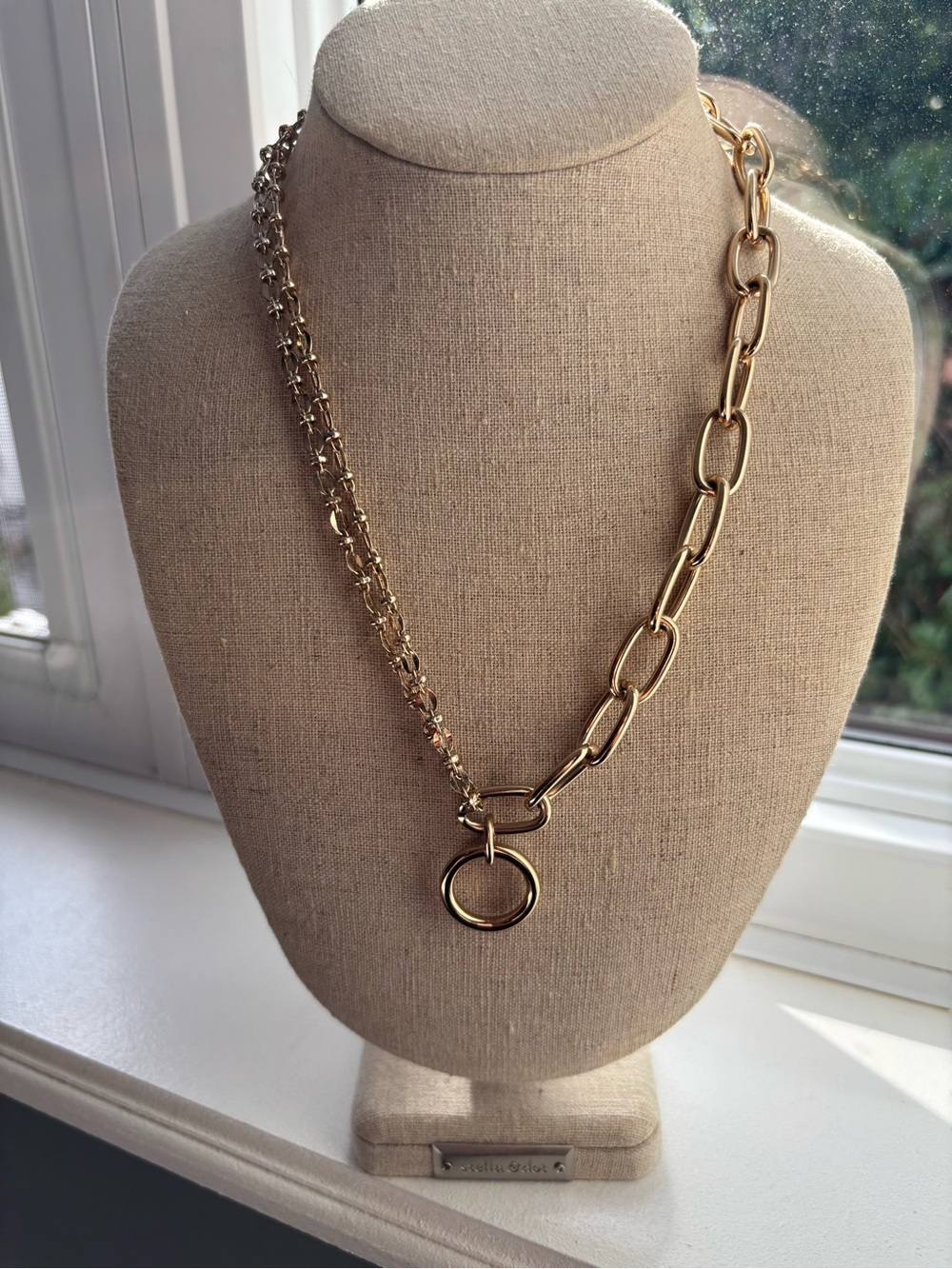 Club Monaco Gold Mixed Split Chain Asymmetrical Statement Necklace CM Logo